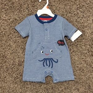Blue Striped Baby Romper with Octopus Design